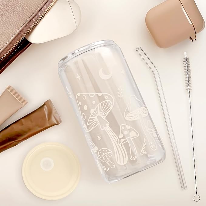 Mushroom 16oz Can Glass Tumbler with Acrylic Lid & Straw, Iced Coffee Cup for Women, Aesthetic Cups Gifts for Birthday Christmas