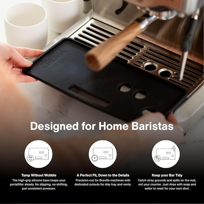 Crema Coffee Products Tamping Mat for Barista Express |Non-Slip Silicone Protection for Countertops & Portafilters|Precision Fit with Drip Tray & Vent Holes|Easy to Clean,Durable Espresso Tamping Pad