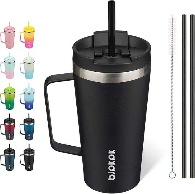 BJPKPK Insulated Tumbler with Handle, 18oz Insulated Tumblers with Lid and Straw, Stainless Steel Metal Water Bottles, Coffee Travel Mugs, Cups, Black