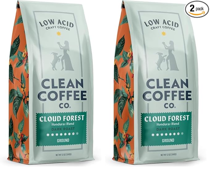 Clean Coffee Co. - Low Acid Dark Roast, Tested for Molds and Toxins, Honduras Blend, Notes of Caramel, Dark Chocolate, and Toasted Malts (Ground, 12 oz Bag) (Pack of 2)