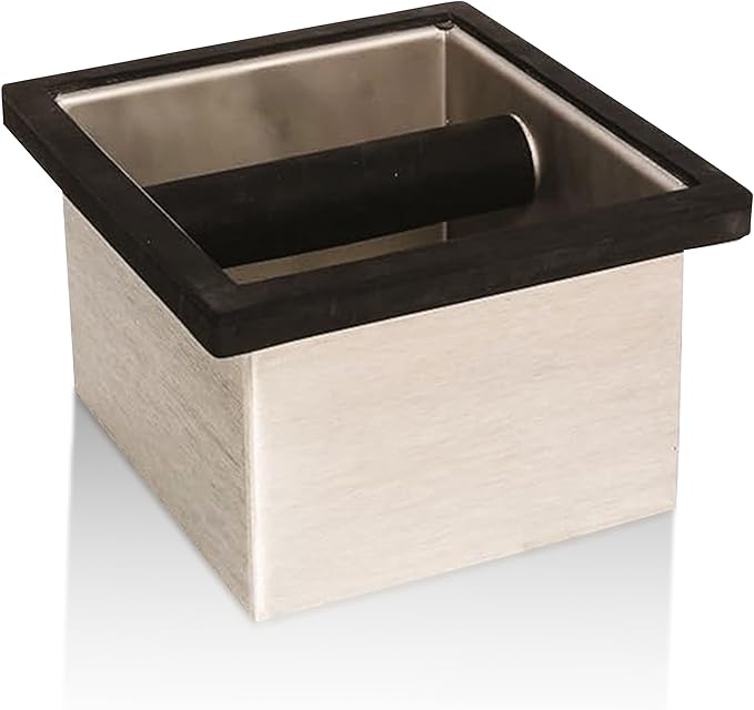 Rattleware Stainless Steel Knock Box 6"x5.5"x4" | Heavy-Duty Espresso Grounds Container with Welded Bar | Durable Rust-Resistant Coffee Knockout Box with Non-Slip Rubber Base for Professional Baristas