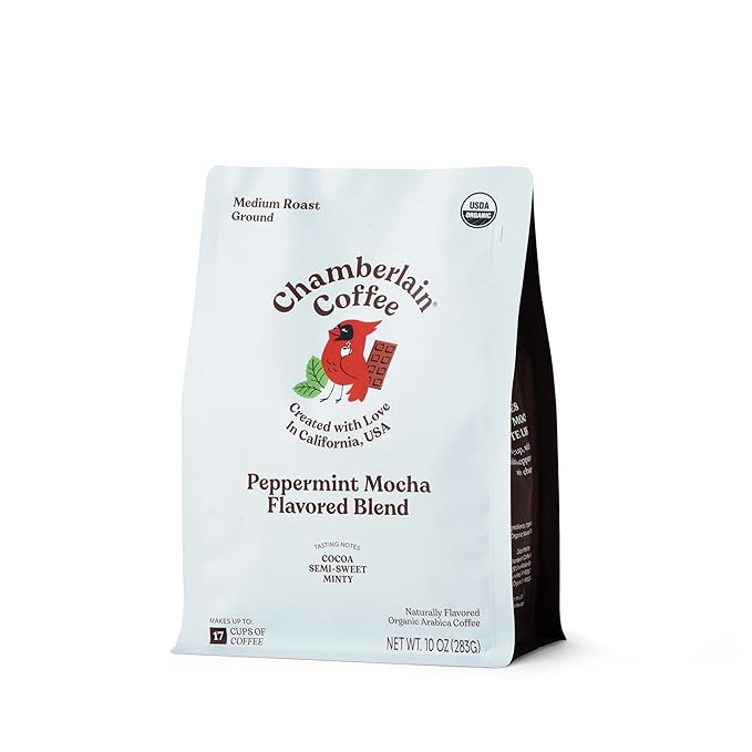 Chamberlain Coffee Clever Cardinal Peppermint Mocha Blend – Medium Roast Ground Coffee, Well-Balanced with Rich Dark Chocolate and Peppermint Notes, Freshly Roasted in California - 12 oz