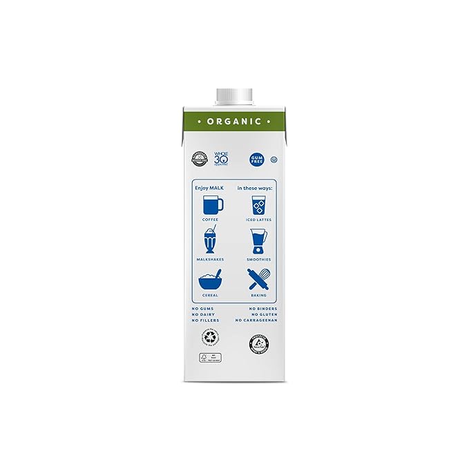 MALK Shelf Stable Organic Unsweetened Almond Milk - 32 Fl oz - Non GMO - Gum Free, No Fillers, Oil Free