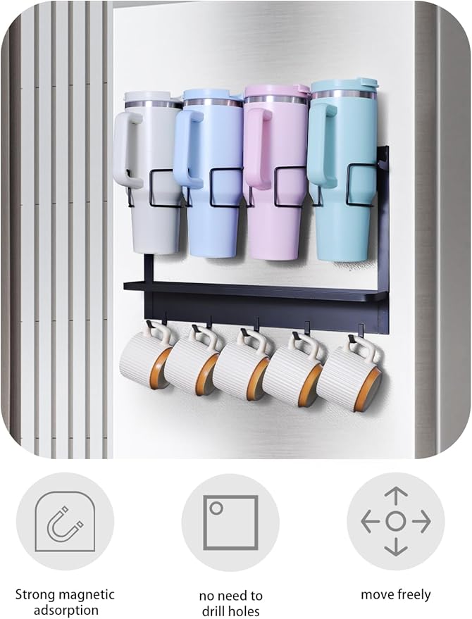 Multi-functional Magnetic Cup Holder ,Space Optimization Solution ,Suitable for Large Tumblers and Daily Items, Equipped with Drip Tray and Hooks, accommodates cups up to 40 oz,holds up to 40 lbs