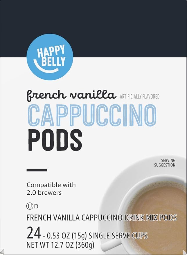 Amazon Brand - Happy Belly Cappuccino Coffee Pods Light Roast Compatible with 2.0 K-Cup Brewers, French Vanilla Flavored, 24 Count, 1.5 pound (Pack of 2)