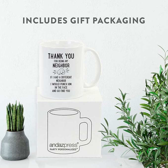 Andaz Press Funny Family 11oz. Coffee Mug Gift, Thank You for Being My Neighbor, Punch in Face, 1-Pack, Christmas Birthday Drinking Cup Present Ideas