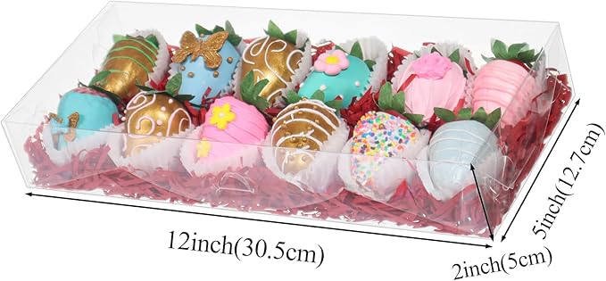 RomanticBaking 5Pcs 12x5x2Inches Clear Easter Cookies Boxes Plastic Chocolate Covered Strawberries Boxes for 12 Chocoalte Truffle Box Bakery Box Cakesickle Gift Treat Pack for Christmas Valentine's