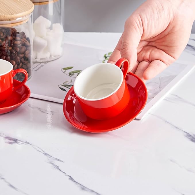 YOLIFE 2.5oz Porcelain Stackable Espresso Cups with Saucers and Metal Stand Set of 4, Stackable Cappuccino Cups, Red Expresso Shots Cup Set for Coffee Drinks, Latte, Tea