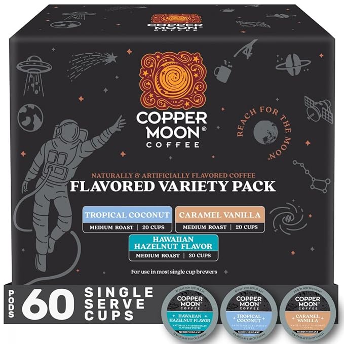 Copper Moon Single Serve Coffee Pods For Keurig K-Cup Brewers, Flavored Variety Pack (Caramel Vanilla, Tropical Coconut, Hawaiian Hazelnut), 60 Count