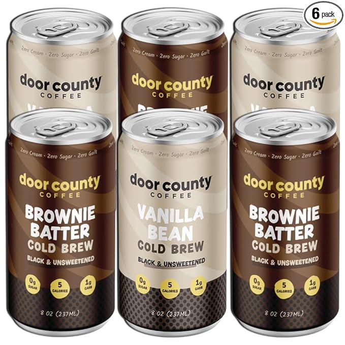 Door County Coffee Ready to Drink Canned Cold Brew Variety Pack - 8oz - 6 Pack - Cold Pressed Coffee, 5 Calories, Bold & Rich, Flavorful, 145mg Natural Caffeine