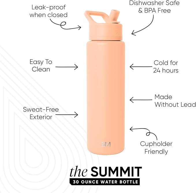 Simple Modern Water Bottle with Straw Lid | Vacuum Insulated Stainless Steel Metal Thermos | Reusable Leak Proof BPA-Free Flask for Sports Gym | Summit Collection | 30oz, Bellini