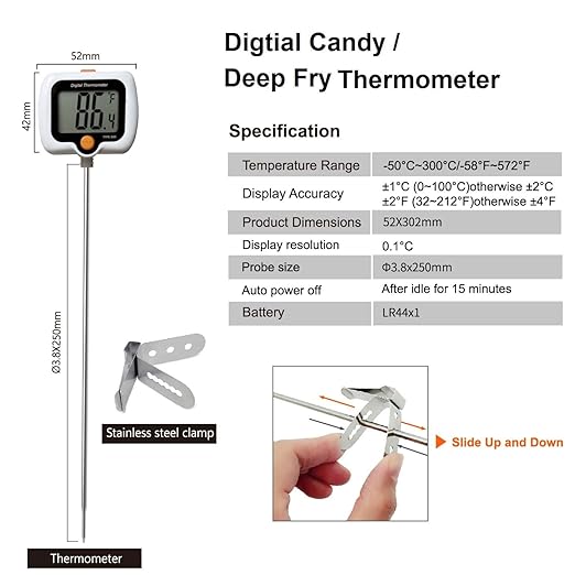 Candy Thermometer for Candy Making with Pot Clip,Best Instant Read Thermometer Digital for Cooking, Baking, Candy and Cheese Making – 10 Inch Probe, Large Rotating LCD Display, Essential Baking Tool