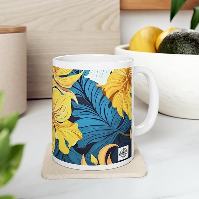 11 OZ Novelty Coffee Mugs - Christmas Gift (White & Yellow Flower Mug)