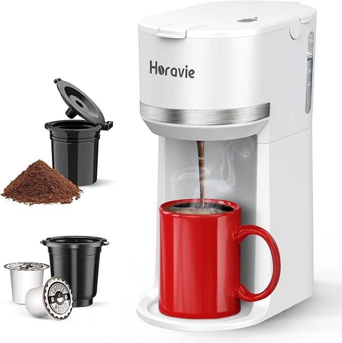 Mini Single Serve Coffee Maker for K Cup and Ground Coffee, Fast Brew One Cup Coffee Machine with Descaling Reminder and Water Window, 6 to 12 oz. Brew Sizes, White