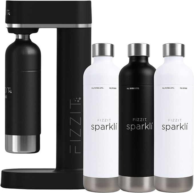 Fizzit Spärklï Carbonated Water Soda Maker with 1 Black Stainless Steel Bottle & 2 White Stainless Steel Bottles