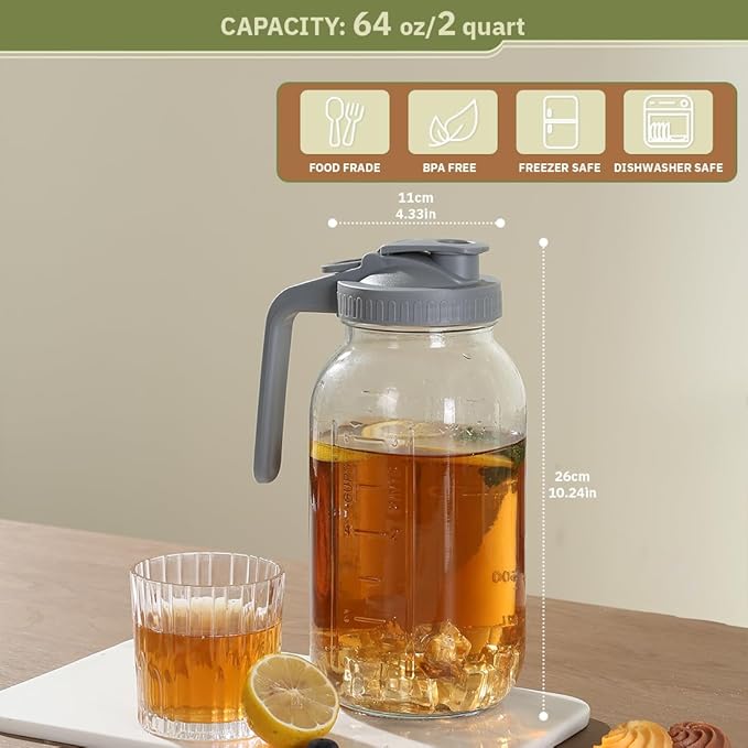 Glass Tea Pitcher with Wide Mouth Airtight Lid Leak Proof Fridge Container with Gray Lid Mason Jar for Water, Tea,Juice and Drinks (2 Pack-64OZ)