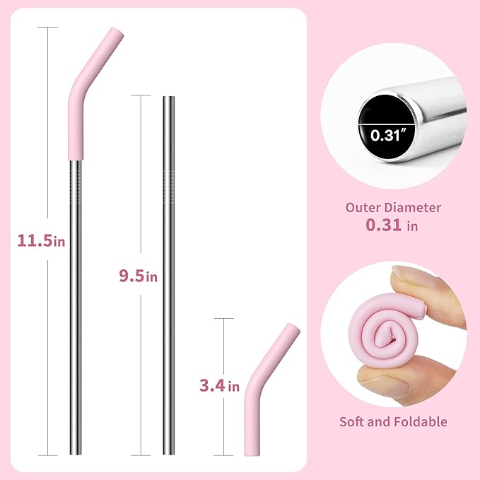 Metal Straws Reusable for YETI 30 oz Tumbler,9.5 "Stainless Steel Drinking Straws with Silicone Tip for 30 oz Cup Tumbler, Cleaning Brush, 1 Portable Bag