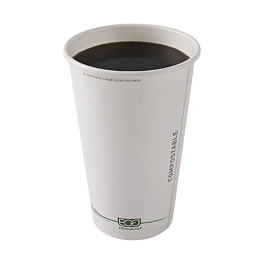 ECO PRODUCTS Compostable Disposable GreenStripe 16oz Coffee Cups, Case of 1000, White Single Wall Hot Paper Cup, Plant Based PLA Lining, Biodegradable