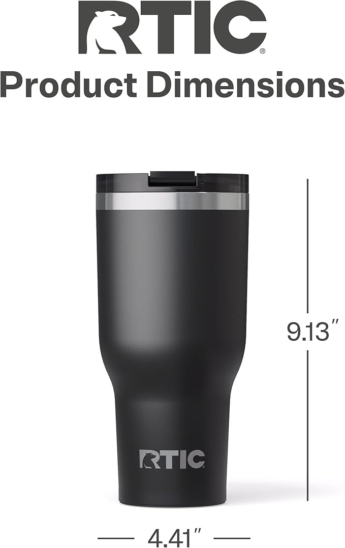 RTIC 40oz Essential Tumbler with Lid, Insulated, Stainless Steel, Metal, Double Wall Vacuum-Insulation, Ceramic Lined, Travel Cup for Iced Coffee, Tea, Hot and Cold Drink, Black