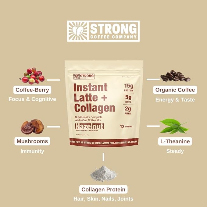 STRONG COFFEE COMPANY Instant Hazelnut Latte - 15g Protein, Instant Protein Coffee with Collagen, Adaptogens & Nootropics, No Crash, No Jitters, 12 Servings Bag