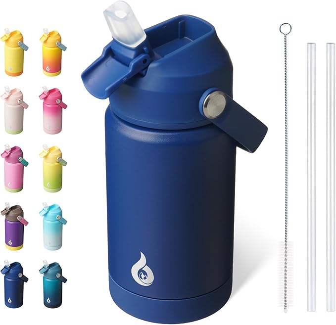 BJPKPK Insulated Water Bottle with Straw Lid, 12oz Thermos Water Bottles, Flex Handle & Non-slip Boot, BPA Free Leak Proof Stainless Steel Metal Thermos, Tumblers, Cups,Klein Blue