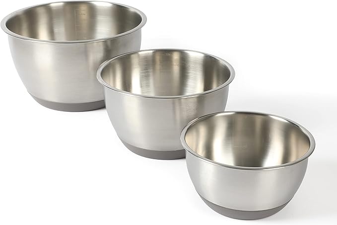 Martha Stewart Rhinewell Mirror Polish 6 Piece Stainless Steel Mixing Bowls with Lid and Non-Slip Base - Grey