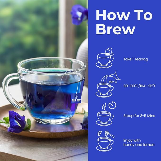 BLUE TEA - Butterfly Pea Flower Tea - 10 Count - Pyramid Plant Based Tea Bag | ANTIOXIDANT RICH | Flower Based - Detox Tea - Herbal Tea - Caffeine Free - Non-Bitter | Zipper Pack