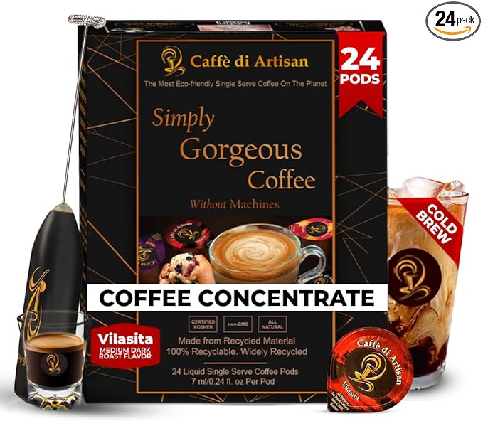 Caffè di Artisan Liquid Coffee Pods – Premium Single-Serve Coffee for Cold Brew concentrate, Iced Coffee & Hot Coffees – Machine-Free, Eco-Friendly, Ready in Seconds. Rich; Vilasita with Frother; Arabica; Medium Dark Roast – 24 Count