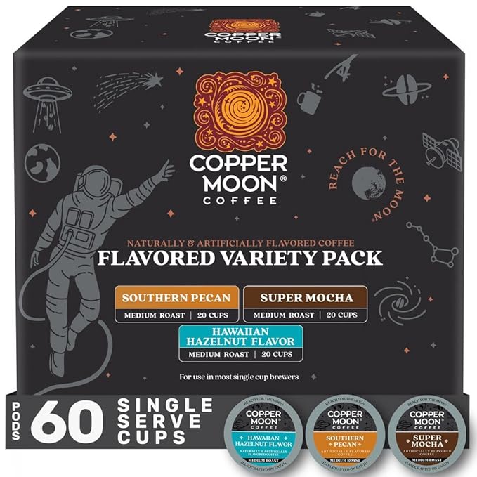 Copper Moon Single Serve Coffee Pods For Keurig K-Cup Brewers, Flavored Variety Pack (Hawaiian Hazelnut, Southern Pecan, Super Mocha), 60 Count