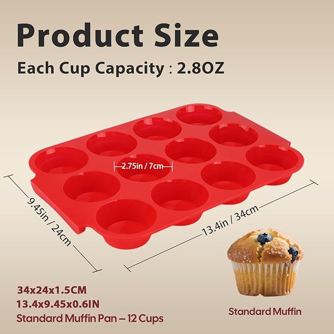 Silicone Muffin Pan for Baking - Nonstick Cupcake Pan, 12 Cups Easy Release & Clean, Dishwasher Safe Muffin Tray for Homemade Muffins, Cupcakes.