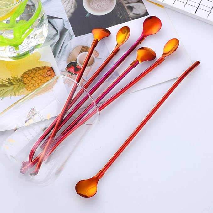 Straw Spoon, 8PCS 8.5inch Orange Red 18/8(304) Stainless Steel Metal Straws Reusable + 2 Brushes