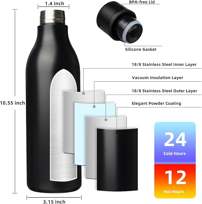 BJPKPK Insulated Water Bottles, 25 oz Stainless Steel Metal Water Bottle with Strap, BPA Free Leak Proof Thermos, Mugs, Flasks, Reusable Water Bottle for Sports & Travel, Black