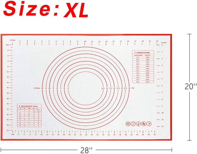 Silicone Pastry Mat for Rolling Dough Non Slip Extra Large 20''×28'',Silicone Baking Mat Nonstick,Non Stick Dough Kneading Cutting Mat with Measurement for Fondant Pie Bread Cookie (Red-XL)