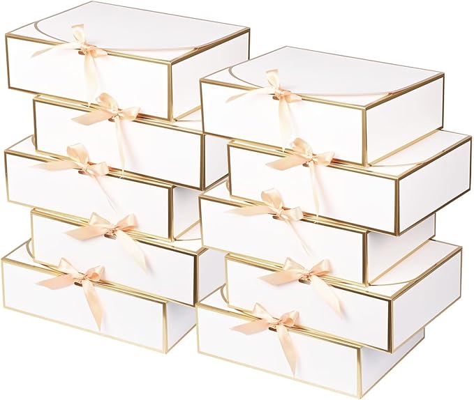 10Pack White Gift Boxes, 10.6x7.8x3.1Inch Bridesmaid Proposal Box with Ribbons, Gift Boxes with Lids for Presents, Mother's Day, Wedding, Birthday Party, Anniversary