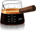 Joeyan 6 oz Glass Measuring Cup with Double Spouts,Borosilicate Espresso Shot Glasses with Wooden Handle,Claer Measuring Triple Milk Frothing Pitcher for Coffee Tea