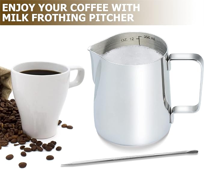 CAMKYDE Stainless Steel Milk Frothing Pitcher 32 oz, Espresso Steaming Pitcher with Decorating Pen for Espresso Machines, Cappuccino, Latte Art A Silver