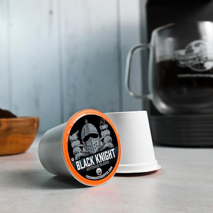 Fresh Roasted Coffee, Organic Black Knight | USDA Organic, Kosher | Dark Roast 24 Pods for K Cup Brewers