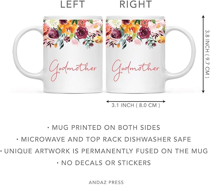 Andaz Press 11oz. Mother's Day Ceramic Coffee Tea Mug Gift, Fall Autumn Burgundy Orange Peach Flowers Roses Florals, Godmother, 1-Pack, Includes Gift Box, Birthday Christmas Gift Ideas