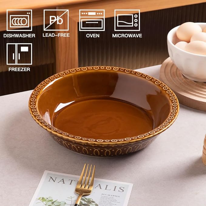 Sweejar Ceramic Pie Pan for Baking,Round Baking Dish Pan for Dinner 10 Inches, Pie Dish Non-Stick Pie Plate for Quiche,Tart，Cake,Pumpkin Pie, Pot Pies (Brown)