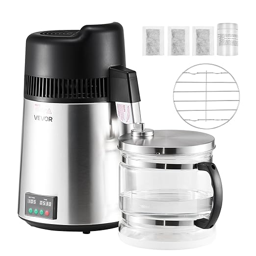 VEVOR Water Distiller, 6L/1.6 Gallon Larger Water Distilled Machine, 900W Distilling Water Maker with Glass Carafe, 0-99H Timing Set, Time & Temp Display, 304 Stainless Steel Water Stiller, Silver