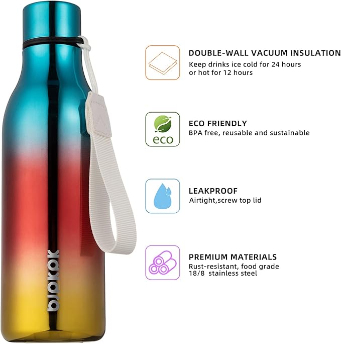 BJPKPK Insulated Water Bottles, 18 oz Stainless Steel Metal Water Bottle with Strap, BPA Free Leak Proof Thermos,Mugs,Flasks, Reusable Water Bottle for Sports & Travel, Caribbean Sunrise