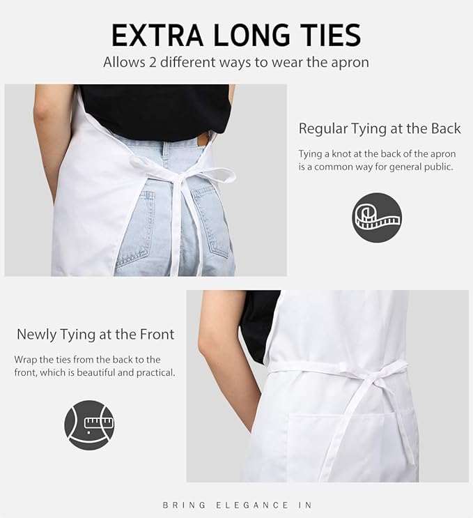 Syntus 12 Pack Bib Apron, Unisex Aprons Adjustable 100% Cotton with 2 Pockets Cooking Kitchen Aprons for Women Men Chef, BBQ Drawing Apron Bulk, White