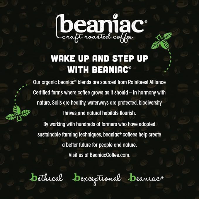 beaniac Organic Bean Me Up Coffeehouse Blend, Medium Roast, Single Serve Compostable K Cup Coffee Pods, Organic Arabica Coffee, Keurig Brewer Compatible, 30 Count