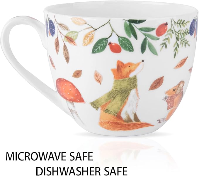 Autumn Forest Animal Mug - 20 oz Bone China Coffee Mug with Fox, Squirrel & Duck, Cozy Fall Gift for Nature Lovers and Friends, Designed in England by Harvest Green Studio