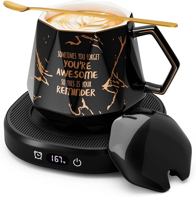 Coffee Mug Warmer & Awesome Diamond Mug Set, 8H Smart Auto Shut Off Electric Coffee Cup Warmer for Desk Office Home, 4 Temperature Setting Candle Heater Tea Beverage Coffee Warmer Plate for Women Men