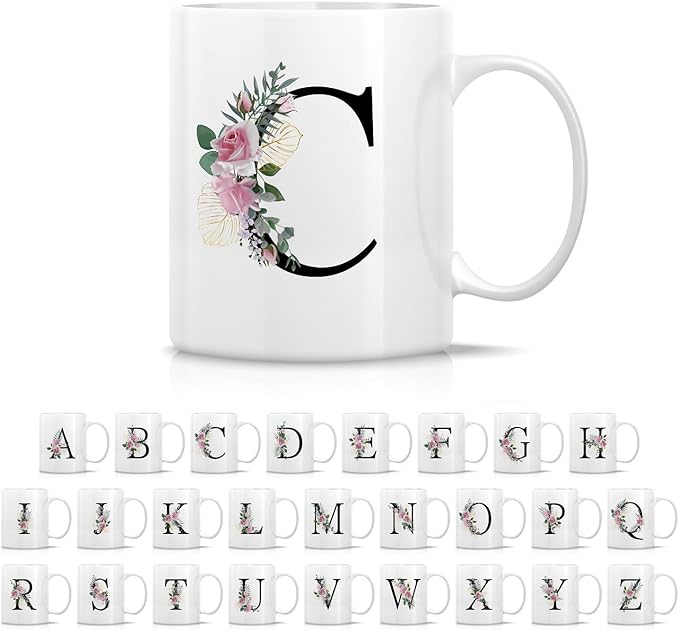 Retreez Initial A-Z Floral Botanical Bouquet Alphabet Monogrammed Monogram Mug 11 Oz Ceramic Tea Coffee Mugs - Appreciation Thank You Wedding Birthday Gifts for her friend coworker sister - C Initial