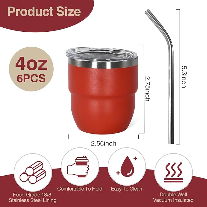 4oz Stackable Cup, Vacuum Insulated Espresso Cup Set of 2, Espresso Shot Glass for Coffee, Double Wall Stainless Steel Mini Tumbler Shot Glasses with Straw and Lid (A-blue2P, 4oz)