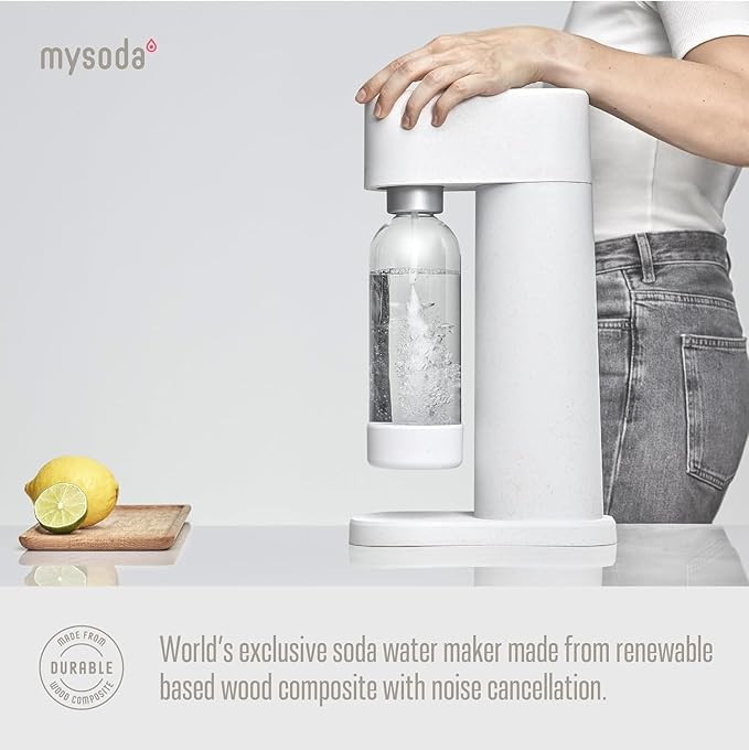 Mysoda Woody Sparkling Water Maker - Silent Carbonated Water Machine Made of Renewable Wood Composite and 1L Water Bottle - Without CO2 Cylinder - Seltzer Maker Machine - Colour White