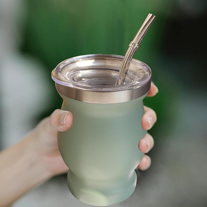 Beruth Bombilla Yerba Mate Gourd, 8oz Stainless Steel Tea Cup Set with a Multifunctional Lid, Two Straws and Cleaning Brushes, Double Walled Coffee Mug Heat Insulation Anti Scalding (Avocado Green)