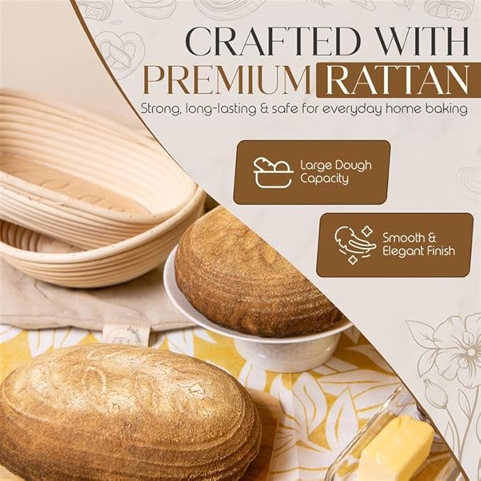 Sourdough Bread Proofing Basket Set - 9 Inch Round Banneton Bread Proofing Basket with 2 Wooden Stamps, Brush & Storage Bag - Sourdough Kit With Wooden Design